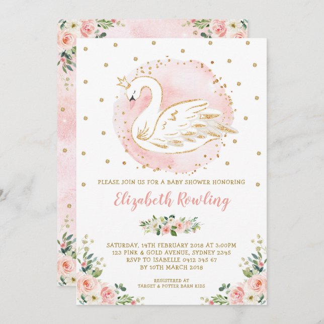 Convites Chá de fraldas Dourado Princesa Suína Feminina (Frente/Verso)