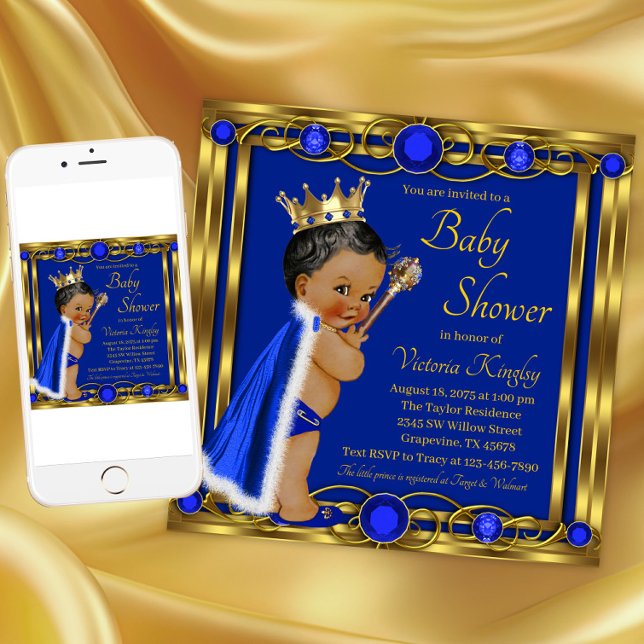 Convites Chá de fraldas Dourado Príncipe Azul-Americano (Blue gold prince baby shower invitation. Instant download and printed invitations available.)