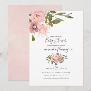 Convites Chá de fraldas Dourado Rosa e Blush floral de cor