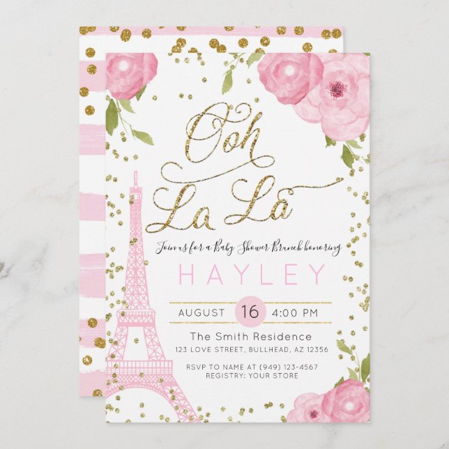 Convites Chá de fraldas Dourado Rosa Eiffel Torre Paris (Frente/Verso)