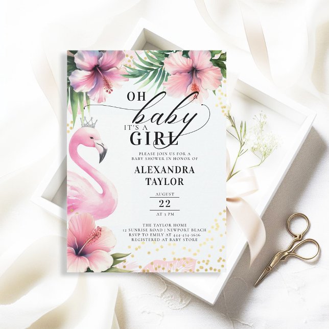Convites Chá de fraldas Dourado Rosa-Rosa-Rosa-Rosa-Rosa-Fl (flamingo baby girl shower invitation pink tropical greenery palm leaf hibiscus floral its a girl)