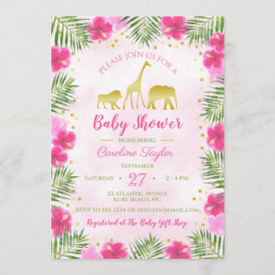 Convites Chá de fraldas Dourado Rosa Safari Animal