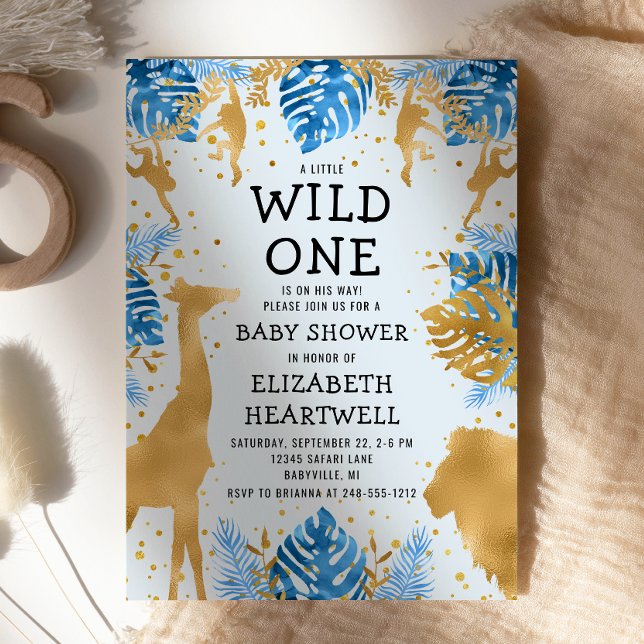 Convites Chá de fraldas Dourado Safari Azul (Criador carregado)