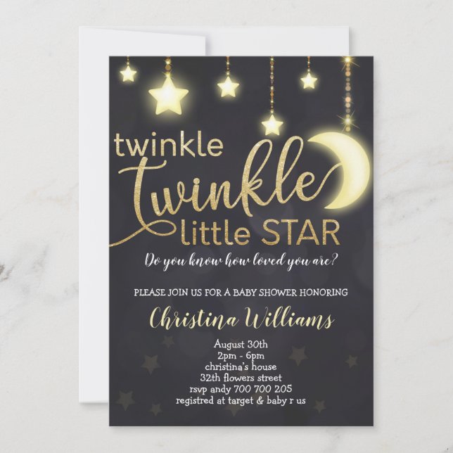 Convites Chá de fraldas Dourado Twinkle Twinkle (Frente)