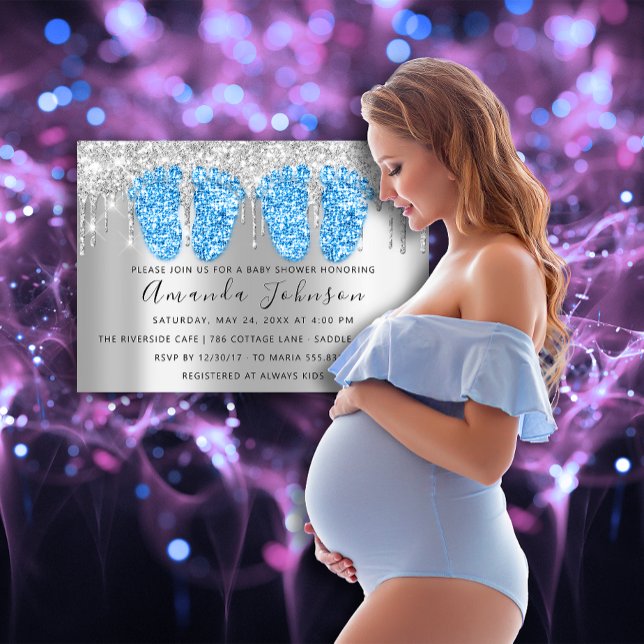 Convites Chá de fraldas Drives Cinza Prata Gêmeos de Pés (Baby Shower Drips Silver Gray Feet Twins Boys Invitation)