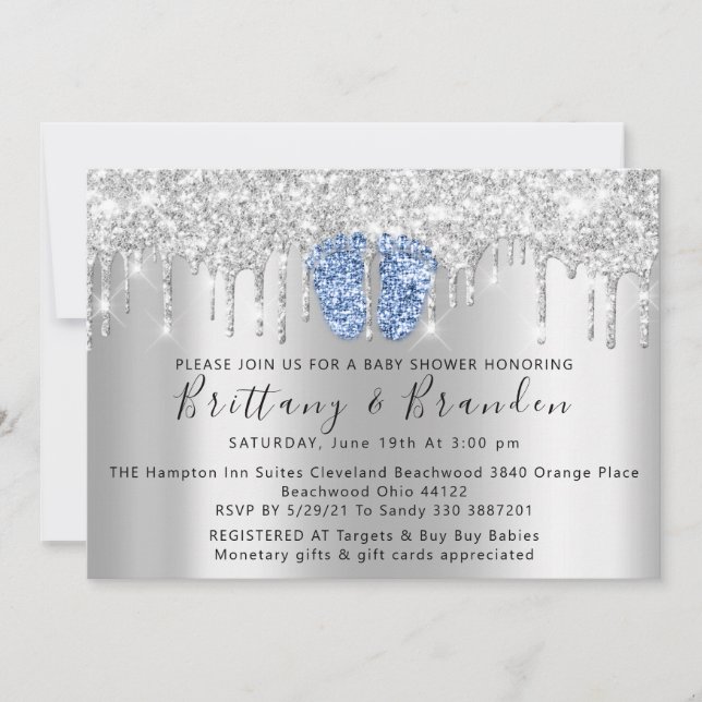 Convites Chá de fraldas Drives Glitter Blue Feet Silver Con (Frente)