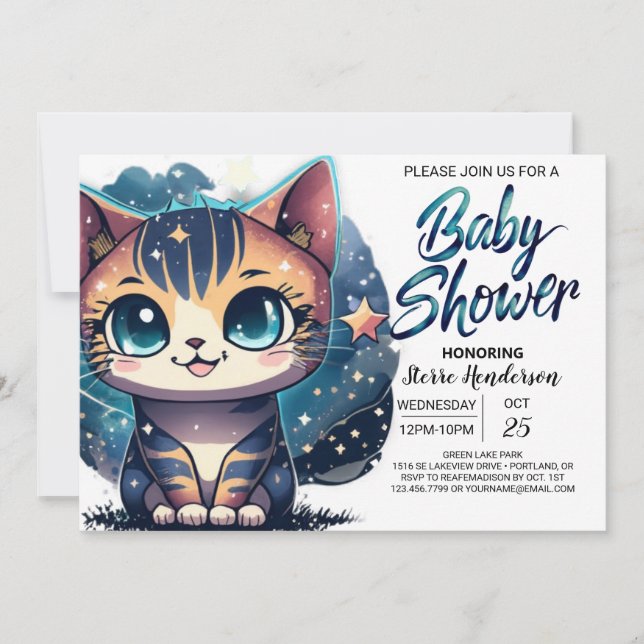 Convites Chá de fraldas editável do Gatinho Whimsical (Frente)
