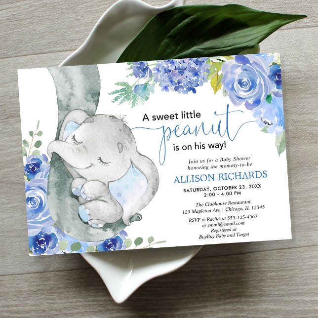 Convites Chá de fraldas, elefante azul-aquarelas floral (Criador carregado)