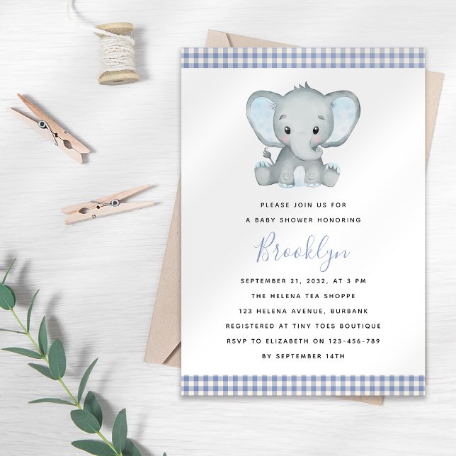 Convites Chá de fraldas Elefante Azul Gingham (Criador carregado)