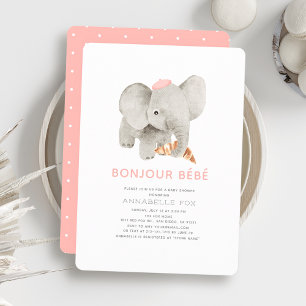 Convites Chá de fraldas Elefante Bonjour Bébé Pink Beret
