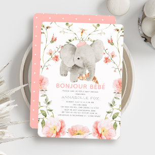 Convites Chá de fraldas Elefante Bonjour Bébé Pink Beret