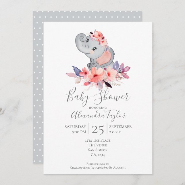 Convites Chá de fraldas Elefante Cento Personalizado (Frente/Verso)