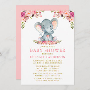 Convites Chá de fraldas Elefante Cor-de-Água, Cor-de-rosa, 