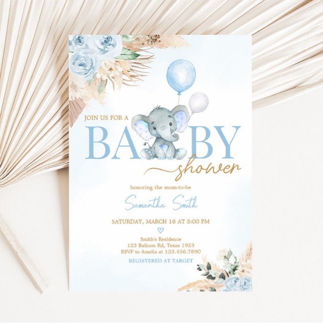 Convites Chá de fraldas Elefante de Balão Azul (Blue Floral Pampas Grass Elephant Baby Shower Invitation)