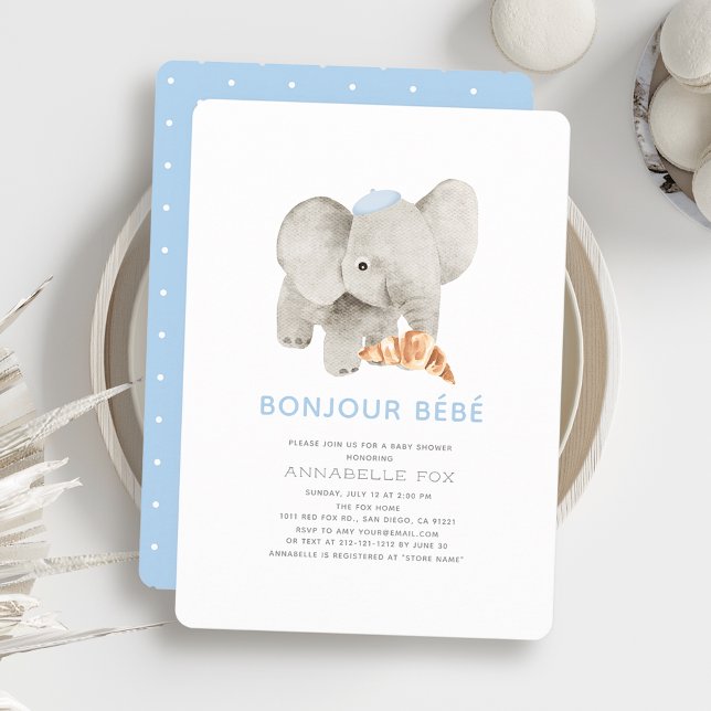 Convites Chá de fraldas Elefante de Beret Azul Bonjour Bébé (Criador carregado)