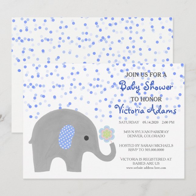 Convites Chá de fraldas Elefante de Confetti Azul (Frente/Verso)