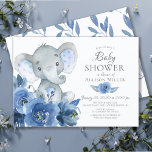 Convites Chá de fraldas Elefante de Flores Azuis de Aquarel<br><div class="desc">Linda aquarela marinho flores azuis design de elefante chá de fraldas de flores azuis com uma folha coordenadora para um toque especial extra.</div>
