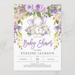 Convites Chá de fraldas elefante de menina floral roxa russ