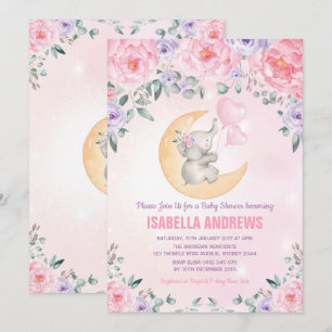 Convites Chá de fraldas Elefante/Floral Púrpura Rosa