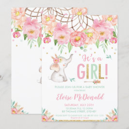 Convites Chá de fraldas Elefante Garota Boho Rosa Mint Flor