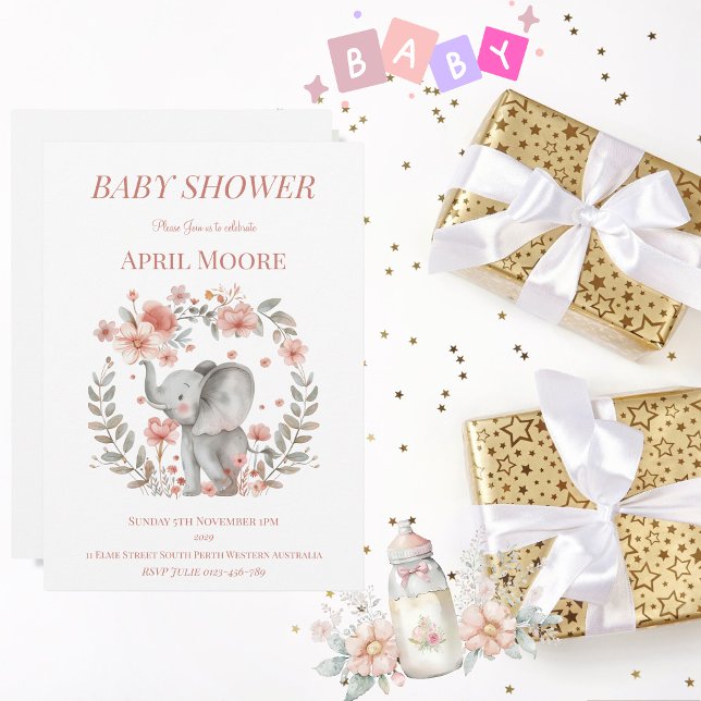 Convites Chá de fraldas Elefante para Menina Elegante (Cute Baby Girl Baby Shower Invitation)