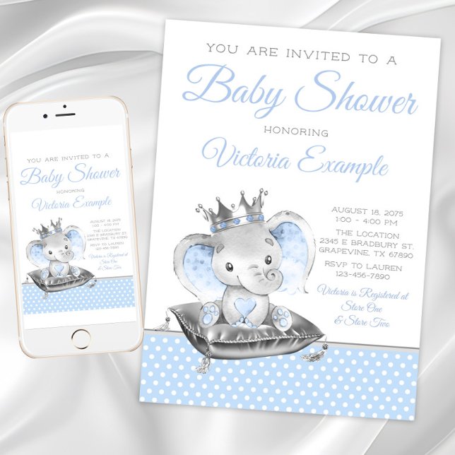 Convites Chá de fraldas Elefante Prince Boy (Boy elephant prince baby shower invitation. Instant download and printed invitations available.)