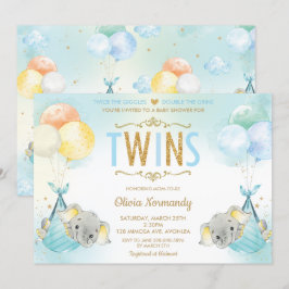 Convites Chá de fraldas Elefante Rainbow Twin Boys Sprinkle