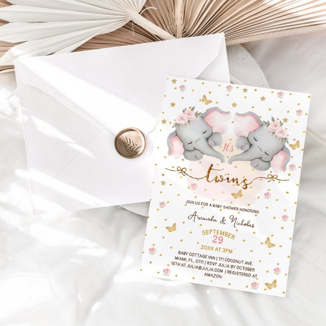 Convites Chá de fraldas Elefante Rosa Gêmeas (Criador carregado)