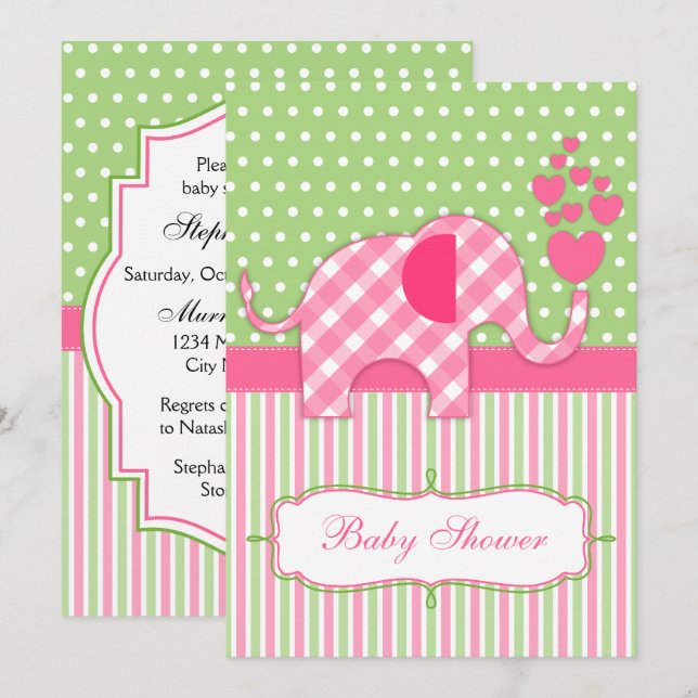 Convites Chá de fraldas Elefante Rosa Gingham (Frente/Verso)