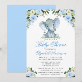 Convites Chá de fraldas Elefante Silver Floral Azul