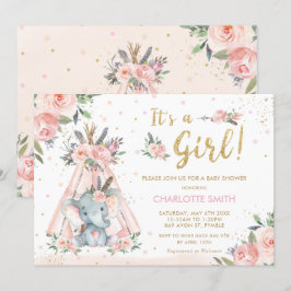 Convites Chá de fraldas Elefante Tribal Blush Floral Girl