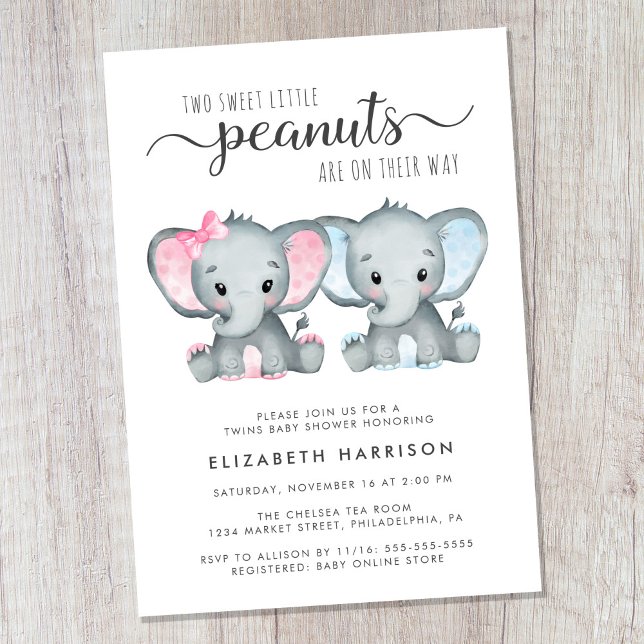 Convites Chá de fraldas Elefante Twin Girl (Cute twin boy and girl baby shower invitation)