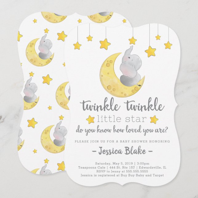Convites Chá de fraldas Elefante 'Twinkle Twinkle Little St (Frente/Verso)