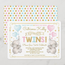 CHÁ DE FRALDAS Elefante TWINS Blue Pink Dourado In