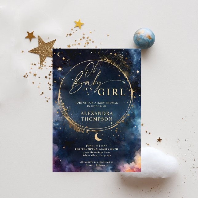 Convites Chá de fraldas Elegante Azul Celestial Gift Midnig (celestial baby shower invitation twinkle star moon cosmos galaxy dark navy blue gold)