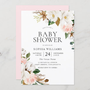 Convites Chá de fraldas Elegante Blush White Watercolor Flo