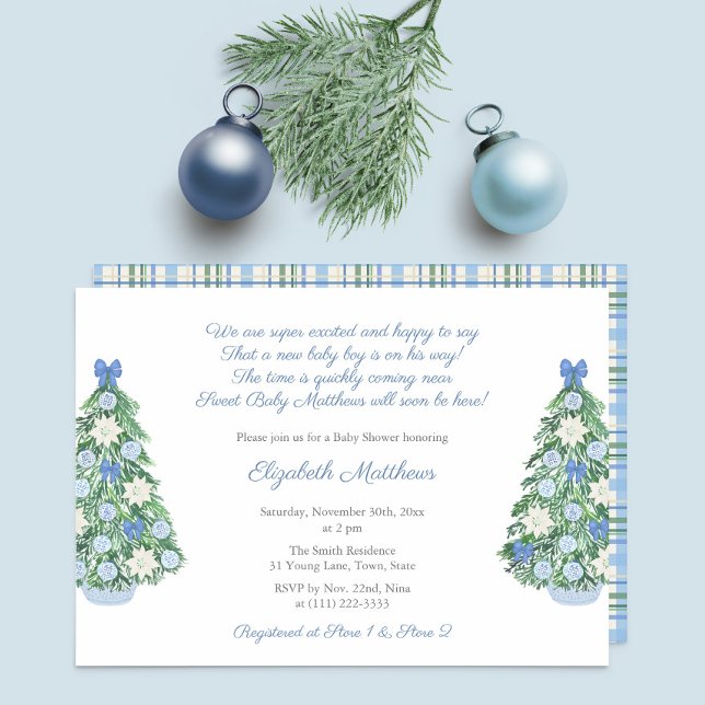 Convites Chá de fraldas Elegante Chinoiserie Poem Boy (Maximalist blue and white decorated holidays tree for Christmas baby shower for boy party invitation)