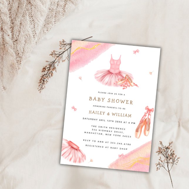 Convites Chá de fraldas Elegante cor-de-água rosa Ballerina (Pink Elegant Watercolor Ballerina Baby Shower Invitation)