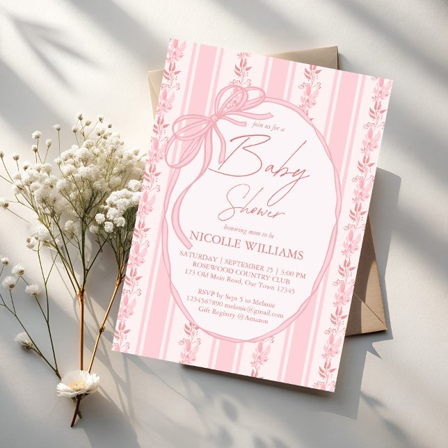 Convites Chá de fraldas elegante da borda do arco retrógrad (Grand millennial Pink stripes retro bow border elegant baby shower invitation cards template)