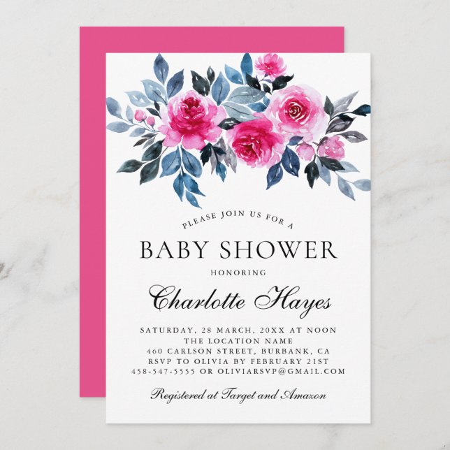 Convites Chá de fraldas Elegante de Aquarela Floral Rosa (Frente/Verso)