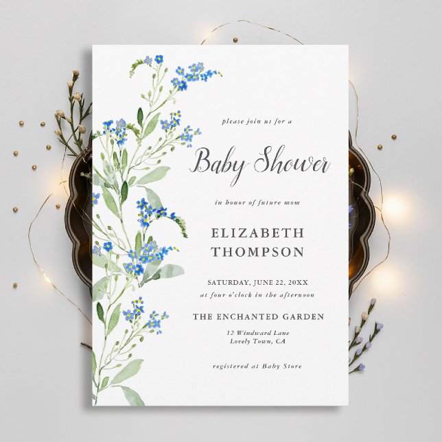 Convites Chá de fraldas Elegante de Arca Floral Azul de Flo (wildflowers baby shower invitation delicate blue watercolor arch elegant garden rustic chic boho)