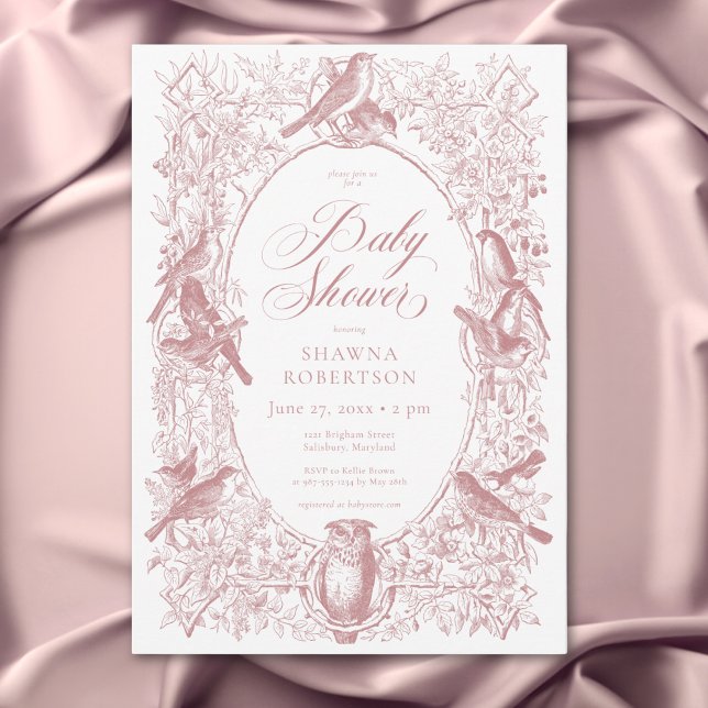 Convites Chá de fraldas Elegante de Aves de Chinoiserie Nat (Elegant Pink Chinoiserie Nature Birds Baby Shower Invitation)