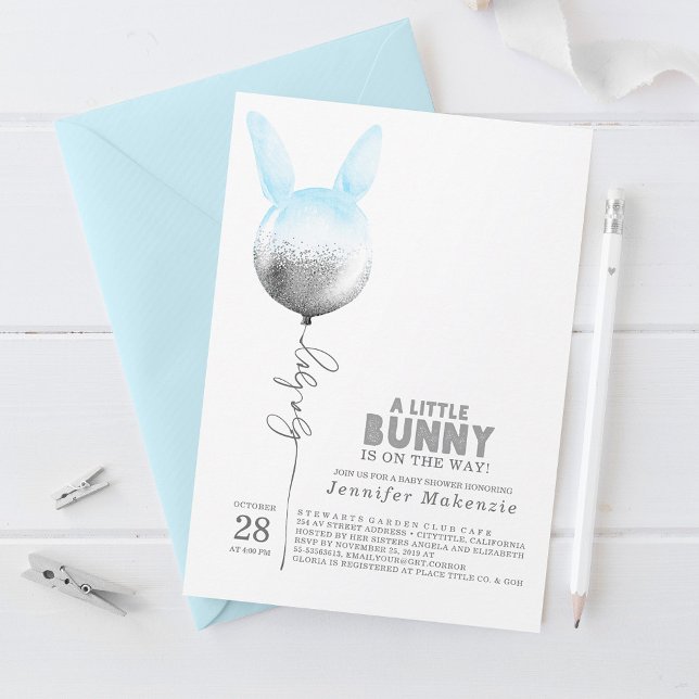 Convites Chá de fraldas Elegante de Balão Azul Bunny (Criador carregado)