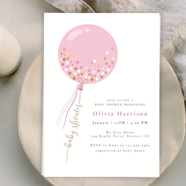 Convites Chá de fraldas Elegante de Balões Rosa (Elegant Pink Balloon Girl Baby Shower Invitation)