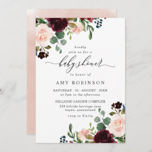 Convites Chá de fraldas Elegante de Borgonha e Cores d'Água