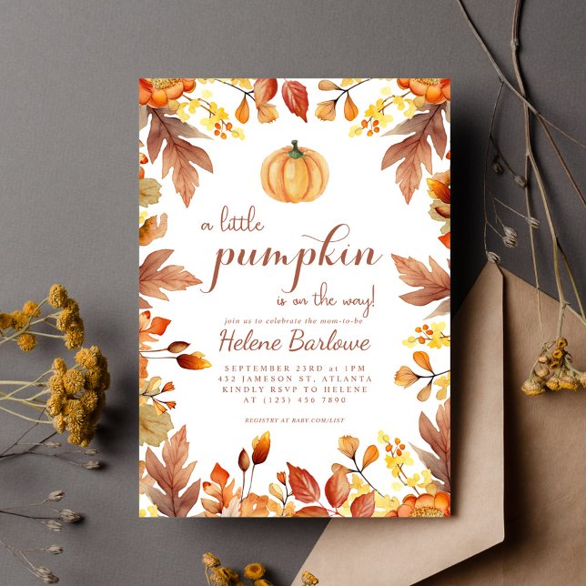 Convites Chá de fraldas Elegante de Ceda de Aquarela de Bom (Pumpkin Elegant Watercolor Fall Baby Shower Invitation)