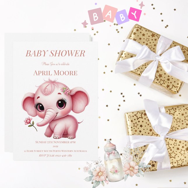 Convites Chá de fraldas Elegante de Elefante Rosa (Pink Baby Elephant Baby Shower Invitation)