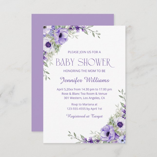 Convites chá de fraldas elegante de flores roxas (Frente/Verso)