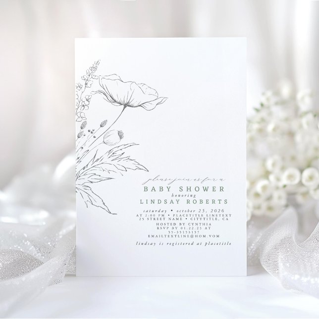 Convites Chá de fraldas Elegante de Flores Selvagens desenh (Minimalist Baby Shower Invitations with Wildflowers)