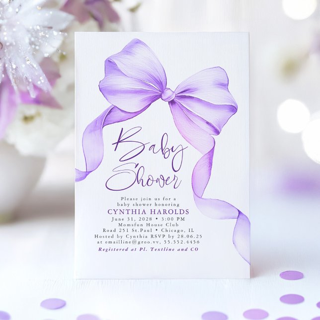 Convites Chá de fraldas Elegante de Gota de Arco Roxo Suave (Purple Bow Baby Shower Invitation)